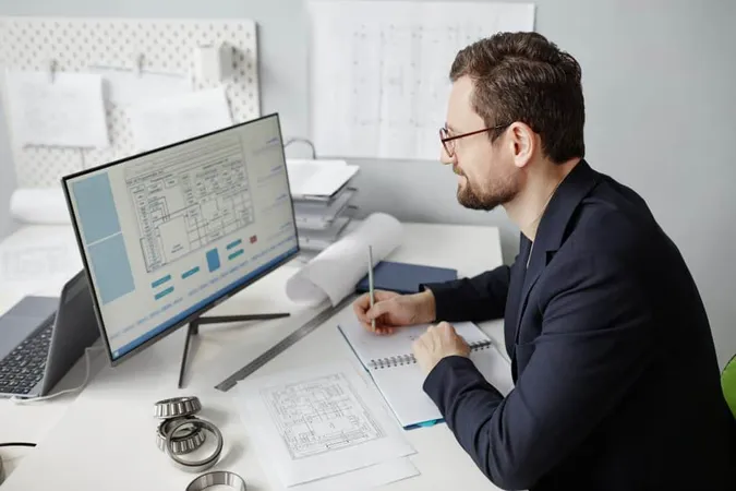 High Angle Portrait Bearded Male Engineer Using Computer Workplace Designing Blueprints Office X - AutoCAD Certified Professional study guide