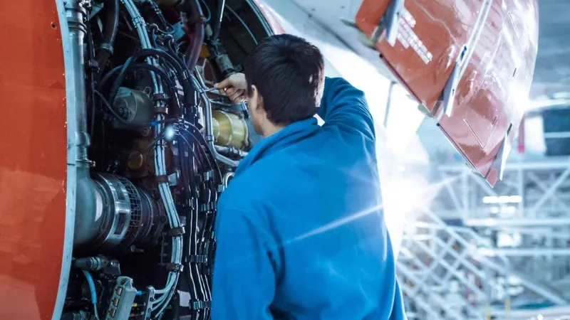 Aircraft Maintenance Mechanic Inspects Tunes Plane Engine Hangar X - Aviation Maintenance Technician study guide