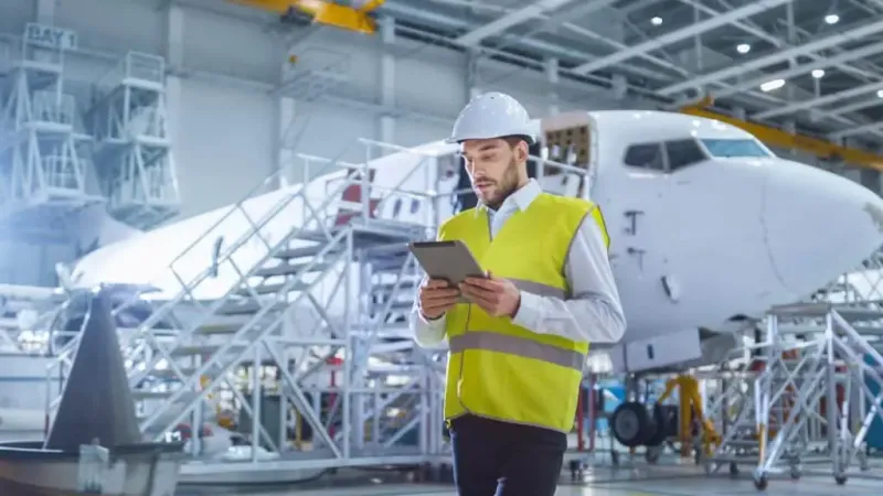 Man Construction Vest Stands Hangar With Plane Background X - Aviation Safety Inspector Certification study guide