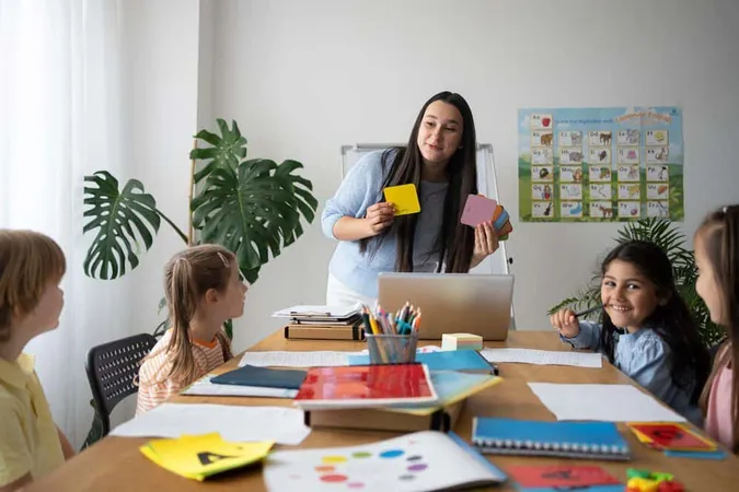 Front View Smiley Teacher Explaining Kids 23 - Certified Child Care Professional study guide