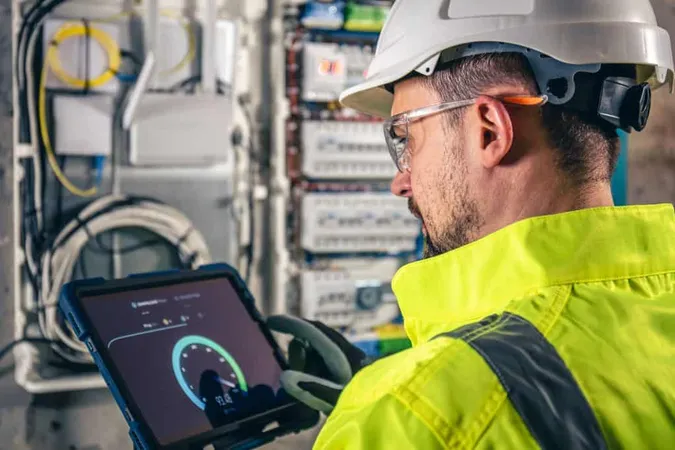 Man Electrical Technician Working Switchboard With Fuses Uses Tablet 6 X - Certified Energy Analyst study guide