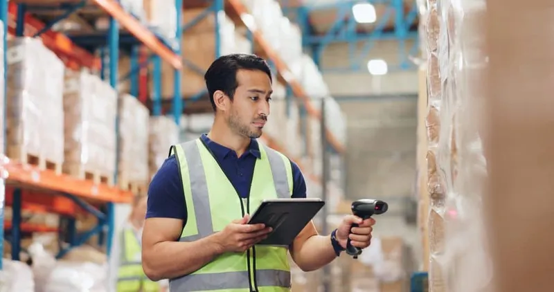 Logistics Man Tablet Warehouse With Scanning Price Quality Control Supply Chain Freight Male Person Industrial Safety Manufacturing Shipping Trade Export X - Certified Logistics Technician study guide