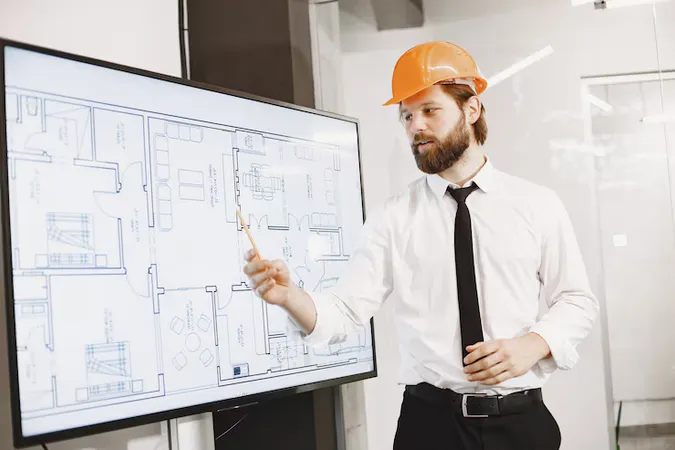 Architect Engineer Man Shows Plan Building Tv Screen - Certified Master Architect study guide