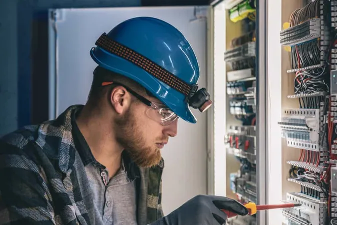 Male Electrician Works Switchboard Overalls Against Backdrop Emergency Lighting 1 X - Certified Master Electrician study guide