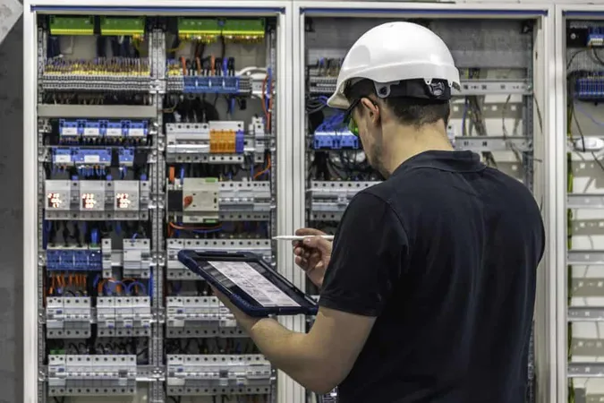 Man Electrical Working Switchboard With Fuses Uses Tablet X - Certified Master Electrician study guide
