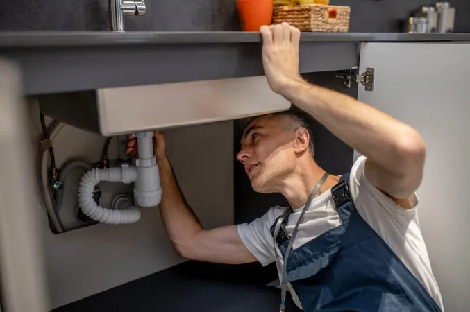 Plumber Repair Experienced Attentive Middleaged Man Examining Bottom Kitchen Sink X - Certified Plumbing Designer study guide