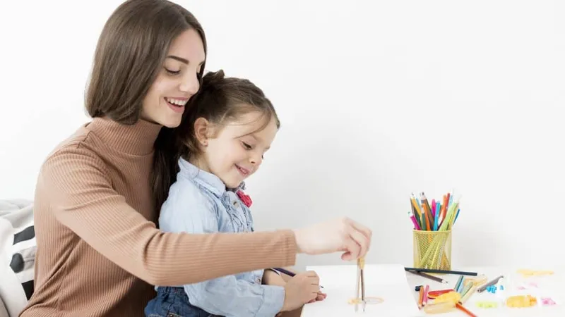 Woman Helping Little Girl Draw X - Certified Professional Nanny study guide