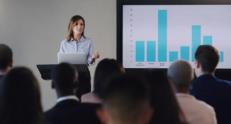 Woman Speaker Presentation Business Screen Graphs Seminar Workshop Training Professional Men Women Conference With Podium Learning Knowledge Discussion Sales Growth X - Certified Sales Trainer study guide