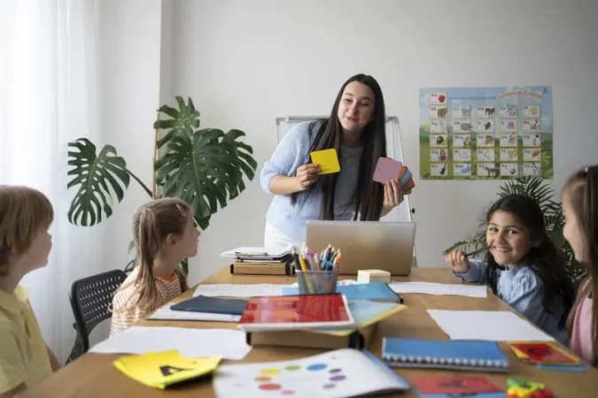Front View Smiley Teacher Explaining Kids X - Early Childhood Education Certificate study guide