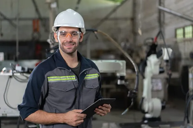 Portrait Male Automation Engineer Smiling Hold Tablet Inspection Robot Arm Welding Machine Industrial Factory X - Engineering Technician Certification study guide