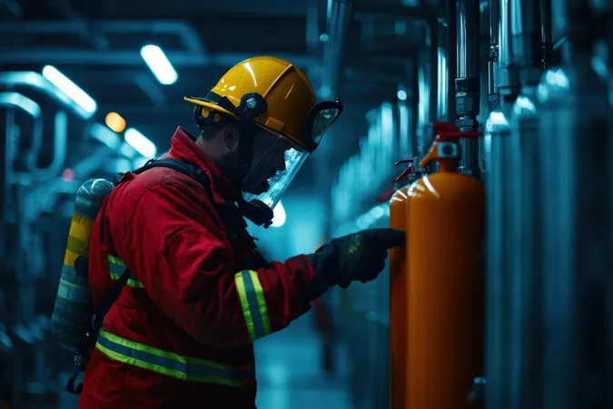 Firefighter Checks Orange Fire Extinguisher Industrial Setting Showcasing Safety Emergency Preparedness X - Certificate of Fitness for Torch Use of Flammable Gases study guide