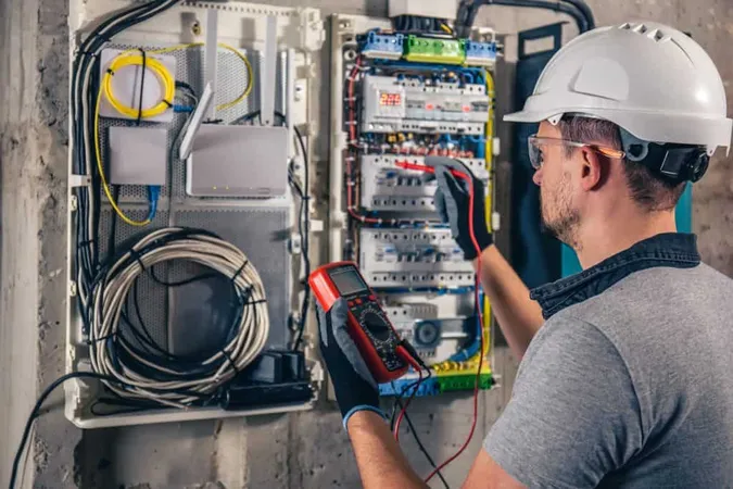Man Electrical Technician Working Switchboard With Fuses X - Licensed Electrical Contractor study guide