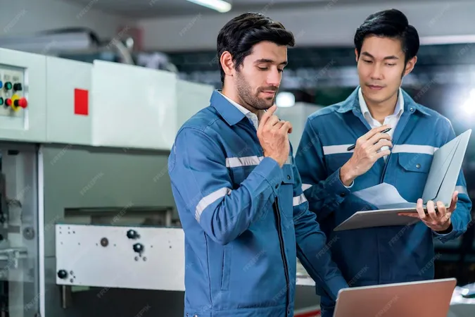 Male Asian Caucasian Engineer Professional Having Discussion Standing Consult Machine Factory Two Expert Coworker Brainstorm Explaining Solves Process Cnc Operate Machine - Marine Technician Certification study guide