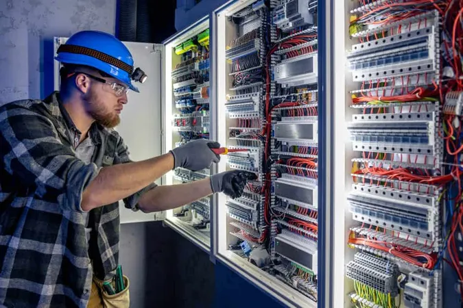 Male Electrician Works Switchboard Overalls Against Backdrop Emergency Lighting X - National Electrical Code Certification study guide