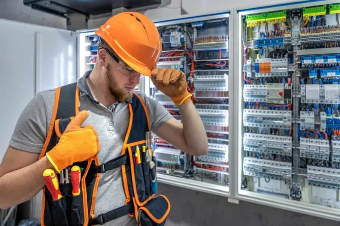 Male Electrician Working Electrical Panel Male Electrician Overalls X - Professional Electrical Contractor study guide