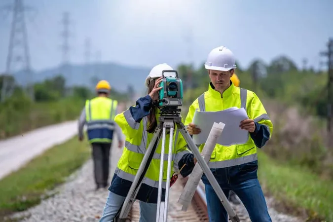 Portrait Surveyors Wearing Uniform Conversation Notebook Blueprint Check Inspection By Theodolite Camera Measurement Level Position Road Construction Site Is Industry Transportation Concept X - Professional Licensed Surveyor study guide