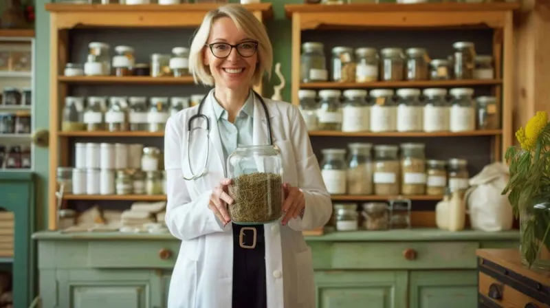 Cheerful Woman Holding Large Glass Jar Containing Herbs Standing Front Shelf Stocked With Various Labeled Jars Indicating Setting Such As Pharmacy Herbalist Shop Health Food Store X - Registered Herbalist study guide