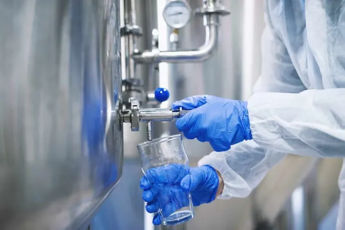 Close Up View Hands Protective Gloves Opening Tap Valve Filling Glass With Samples From Industrial Machine Reservoir X - Water Treatment Operator Certification study guide